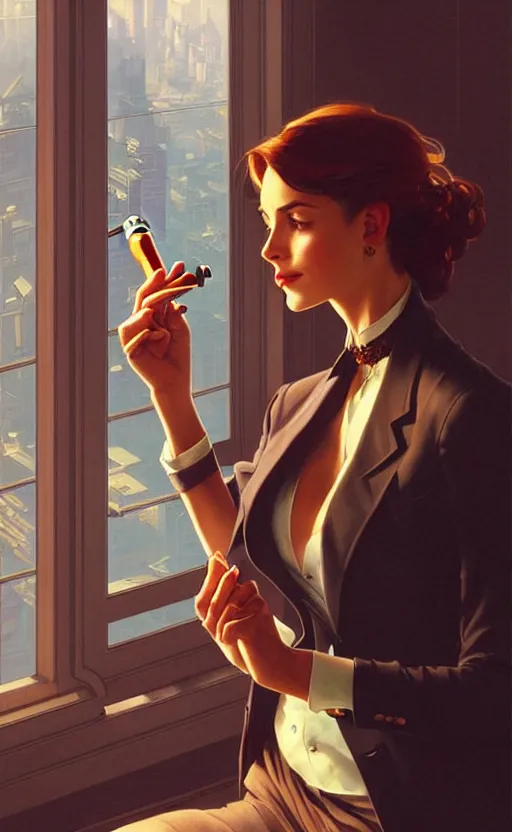 Prompt: Business woman smoking a cigar while she watches the city through a window, sci-fi, highly detailed, digital painting, artstation, concept art, smooth, sharp focus, illustration, art by artgerm and greg rutkowski and alphonse mucha