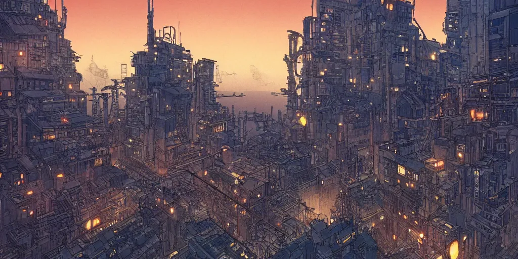 Image similar to ”a diesel punk city vista, Twilight, city lights, reflections, glares, perspective sky, HD, 8k, in the style of Katsuhiro Otomo, Ian mcque”