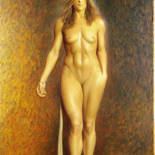 Image similar to full body of Jennifer Aniston painted by Jean Delville, masterpiece