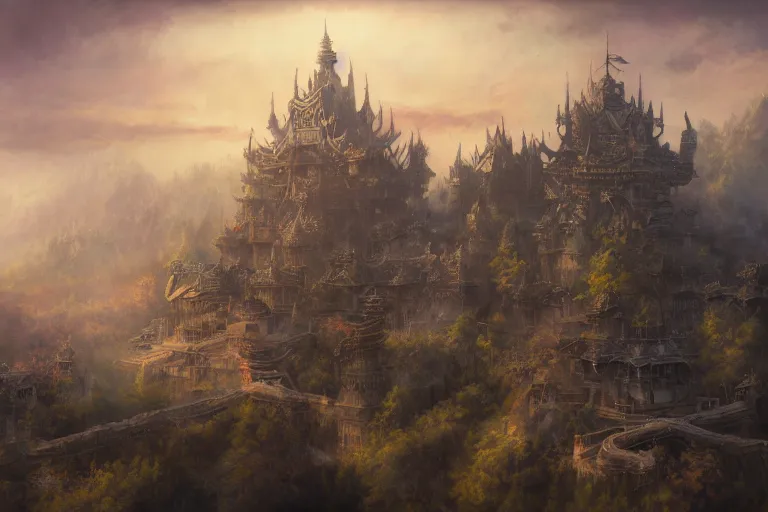 Image similar to cinematic fantasy painting, aerial view of an ancient land, sunset and ominous shadows over the kingdom, brutalist shiro himeji rivendell palace eden by jessica rossier and ( ( ( ( brian froud ) ) ) )