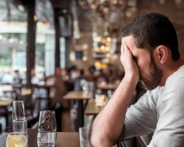 Image similar to 8 5 mm photography of a depressed guy at a restaurant. highly detailed 8 k. intricate. lifelike. soft diffused light. nikon d 8 5 0.