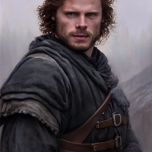 Image similar to Beautiful hyperrealistic detailed matte portrait painting of Jamie Fraser, by andreas rocha and john howe, and Martin Johnson