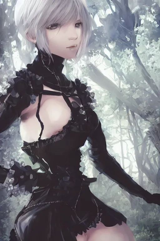 Image similar to beautiful portrait of 2B from nier automata, forest, junkyard, pretty, semi realistic anime, hyper detailed, 8k, DeviantArt, Instagram, Behance, Artstation, trending on artstation, Pixiv, Pixiv daily ranking, art of silverfox, Yee Chong Silverfox, Sydney Hanson, Mickael Lelièvre, Jaeyeon Nam, derevschikova, Elina Karimova