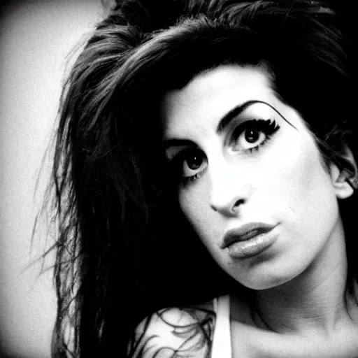 Image similar to close up headshot of Amy Winehouse, looking back over shoulder, telephoto lens, film photo, ektachrome 100, dark lit, detailed, realistic, rim light,