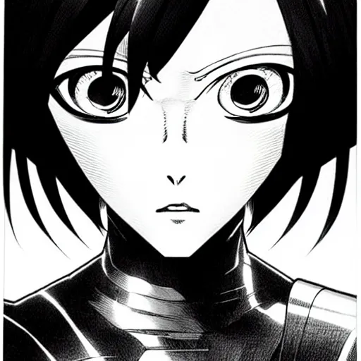 Image similar to alita by yukito kishiro. medium shot. black and white manga. pencil drawing. high detailed face