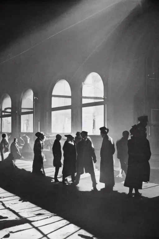 Prompt: people inside of a tall railway station and light breaks through the window, photo by Brassaï,