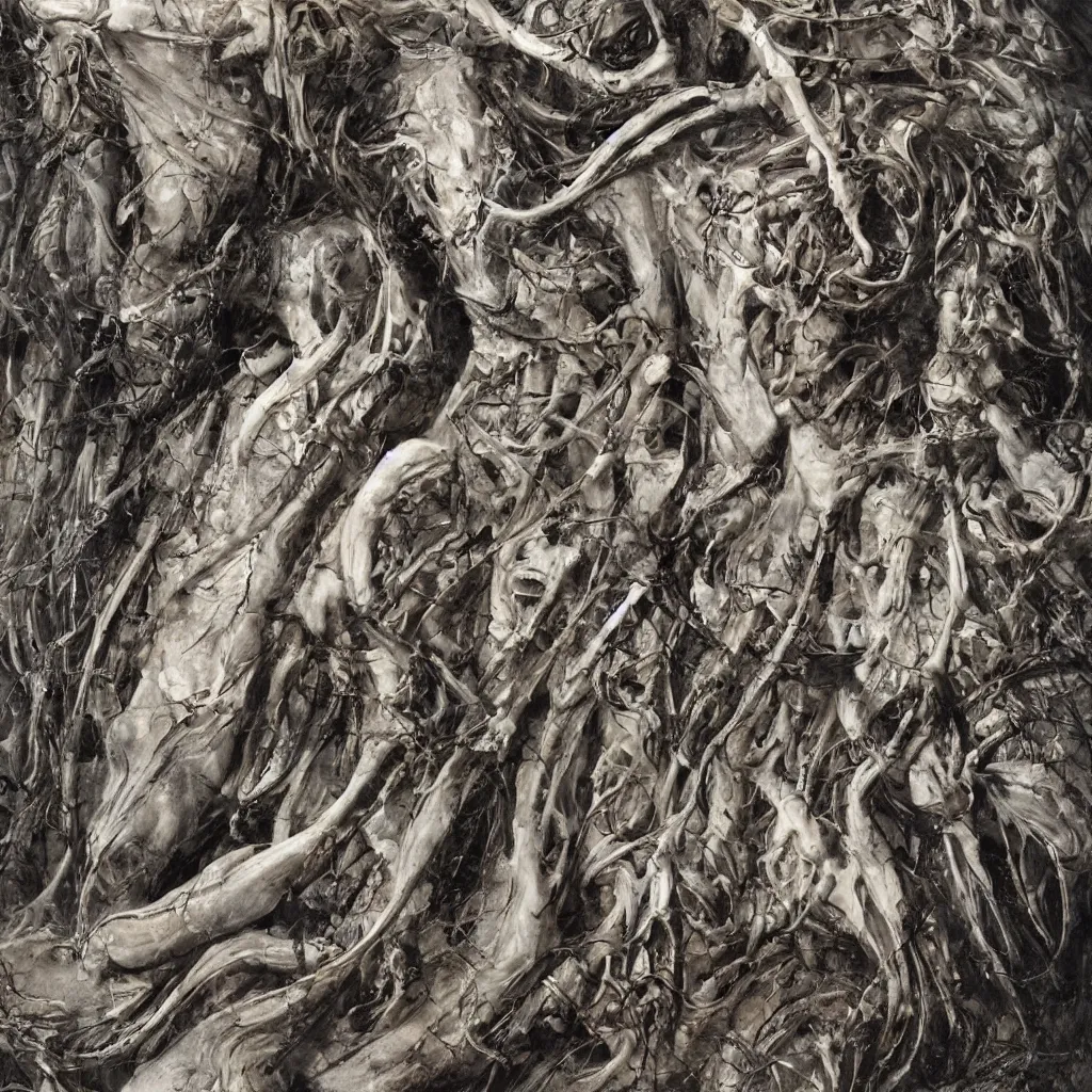 Image similar to realistic shot bloody bones, organs and flesh, biomechanical technology, natural light, by h r giger