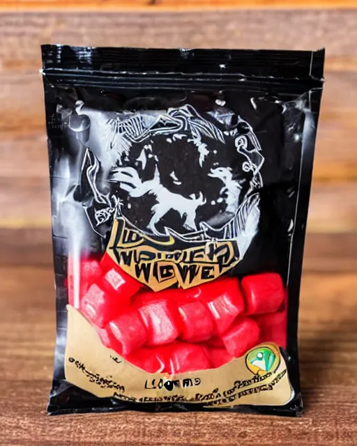 Prompt: a sealed package of licorice werewolf candy