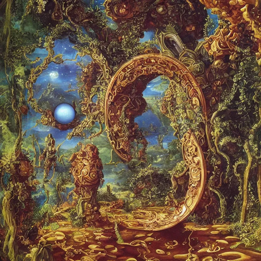 Prompt: the portal to mysterious adventure. decorated with foliage, faberge, and filigree. pulp sci - fi art for omni magazine. cosmic. baroque period, oil on canvas. renaissance masterpiece