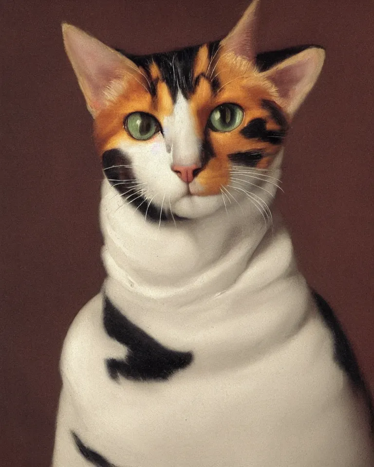 Image similar to close up portrait of one calico cat by vermeer. black background, three - point lighting, enchanting, realistic features, realistic proportions.