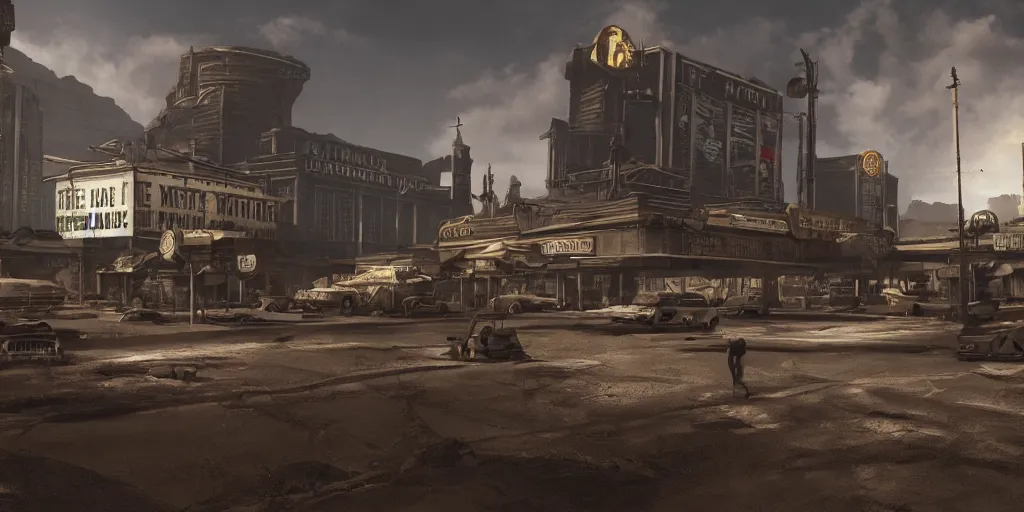 Image similar to fallout concept art las vegas render dramatic lighting unreal engine 5