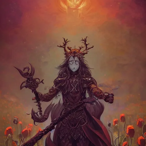 Image similar to Highly detailed powerful eldritch god of the night standing in elvish armor with a sword by Peter Mohrbacher, a cold night in a field of poppy flowers by Kelly Mckernan, a blade of ebony and gold by Takeshi Obata, trending on artstation