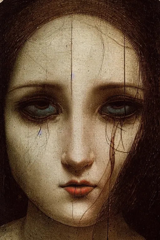 Image similar to a close - up portrait of a cyberpunk cyborg girl, by leonardo davinci, rule of thirds