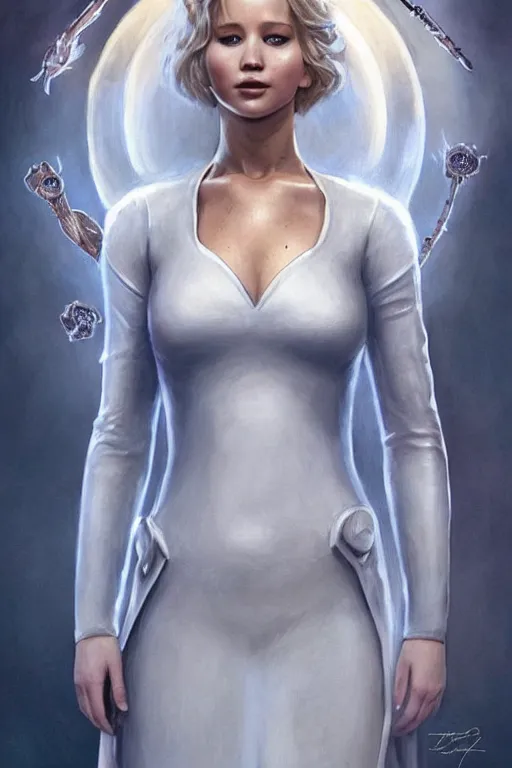 Image similar to Jennifer Lawrence as Queen wearing a White Outfit, anatomy, only two hands, highly detailed, digital painting, artstation, concept art, smooth, sharp focus, illustration, Unreal Engine 5, 8K, art by art by artgerm and greg rutkowski and edgar maxence