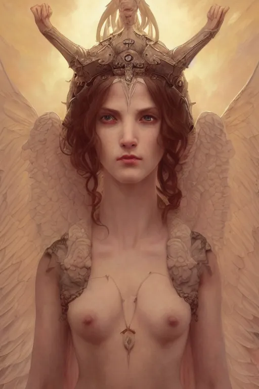 Image similar to Portrait of beautiful pale demonic angelic girl warhammer 40000, cinematic lighting, intricate, elegant, highly detailed, digital painting, artstation, smooth, sharp focus, illustration, art by artgerm and greg rutkowski and zdislav beksinski and alphonse mucha and Wayne Barlowe and william-adolphe bouguereau