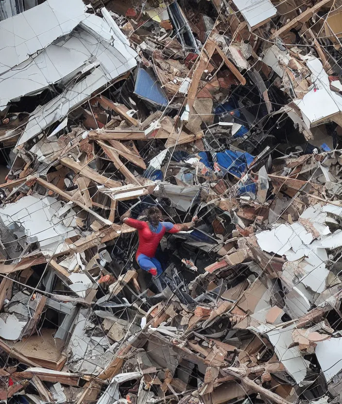 Image similar to gigantic muscular superhero holding up collapsing roof to protect civilians. giant protector protecting people trapped in a crumbling building. colossal superhuman clearing away debris to save citizens.