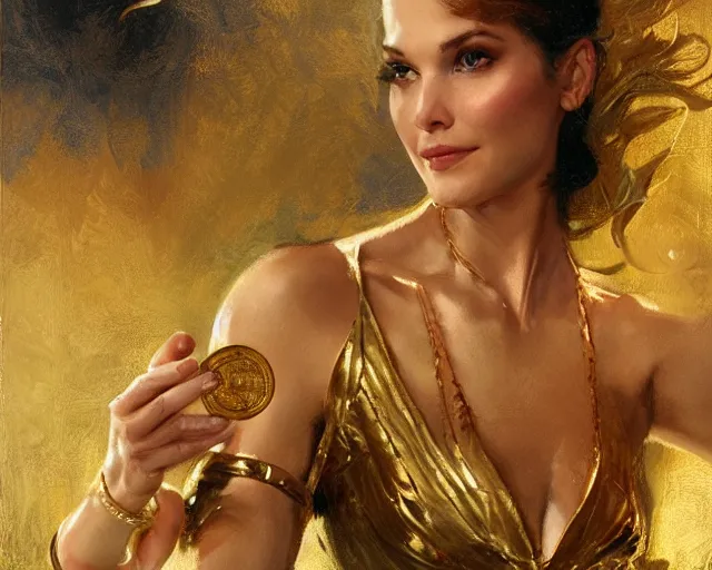 Image similar to attractive athletic woman magically holding a golden bitcoin, commercial by annie liebovitz, gaston bussiere, craig mullins, j. c. leyendecker