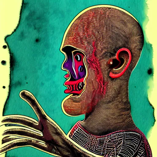 Prompt: graphic illustration, creative design, ancient lord, biopunk, francis bacon, highly detailed, hunter s thompson, mixed media