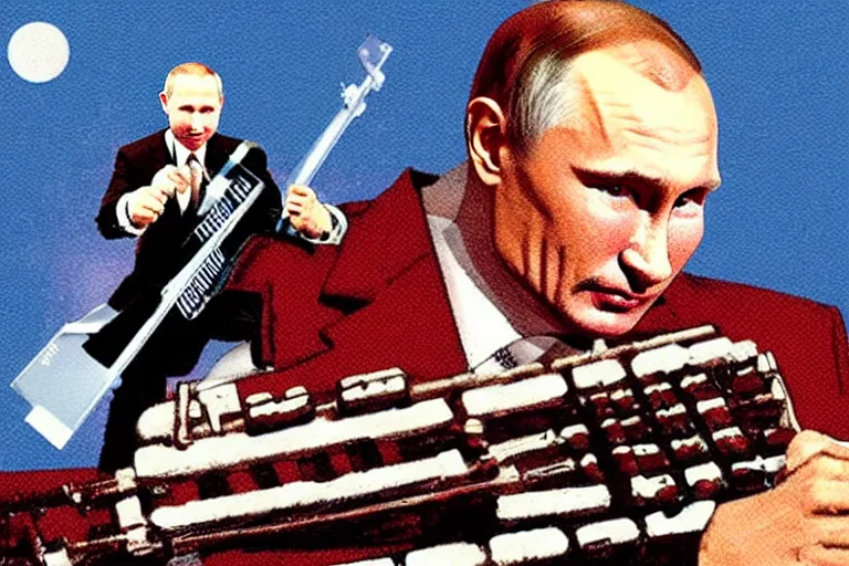 Image similar to Vladimur Putin Shredding on a Keytar in the style of Frank Frazetta