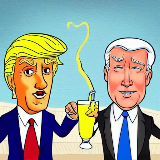 Prompt: cartoon drawing of Biden and Trump together drinking a caipirinha with Rio de Janeiro on the background, cute, cartoon, Disney, friendly, detailed