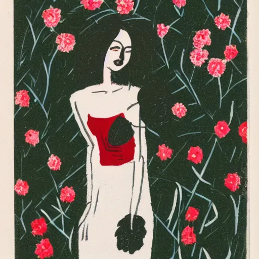Image similar to A woman standing in a black dress, black and red lips and white hair, she stands in a garden with flowers and birds