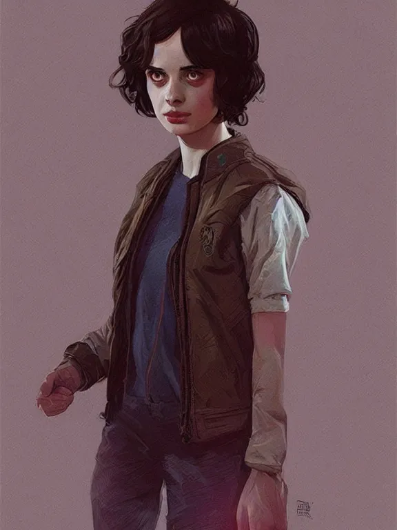 Prompt: young krysten ritter as eleven from stranger things,, intricate, highly detailed, digital painting, artstation, oppressive lighting, fashion concept art, sharp focus, illustration, art by greg rutkowski and alphonse mucha