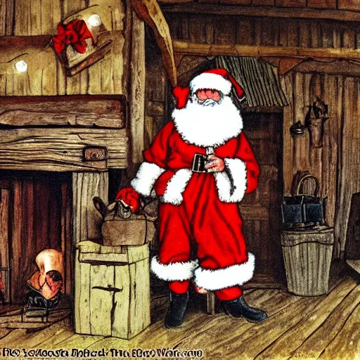 Image similar to Santa inside a rustic barn, in the style of Carl larsson