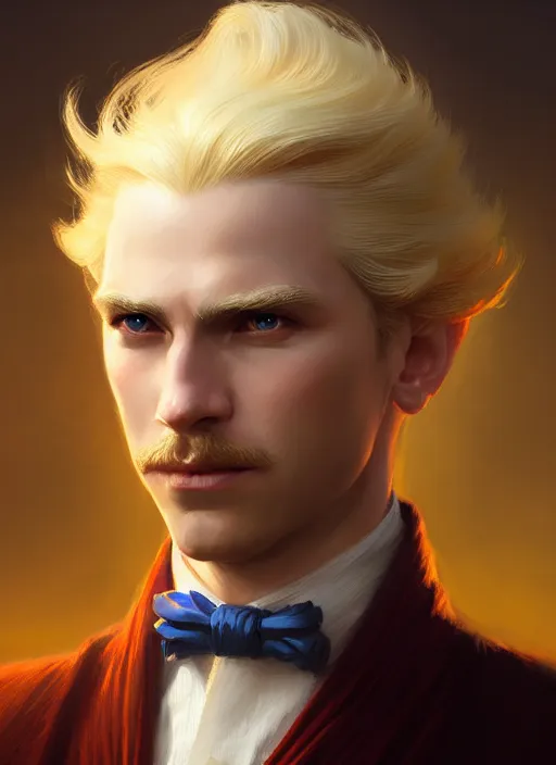 Image similar to Portrait of man of royalty, D&D fantasy, his hair is blonde, he has a distinguished expression, and is wearing a official garment. Intricate, highly detailed, digital painting, artstation, concept art, sharp focus, illustration, art by greg rutkowski and Ross Tran