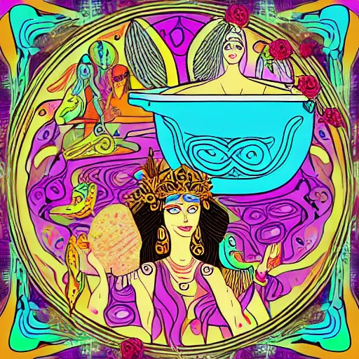 Image similar to goddess hera in a trippy room doodling rock symbols on the wall while aphrodite is making soup with rose petals inside a cauldron, digital art