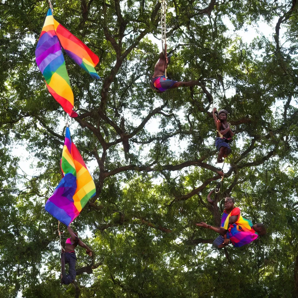 Prompt: black person swinging from the trees waving an lgbt flag