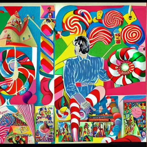 Prompt: candy land collage in the style of Klaus Voormann, 1960s illustration, high quality, peppermint motif