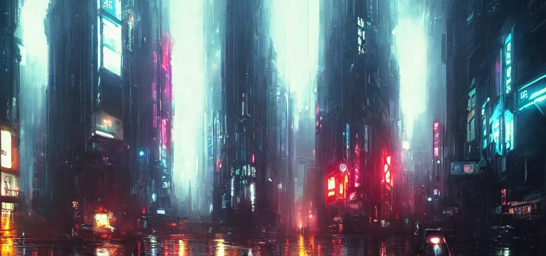 Prompt: cityscape, neon, blade runner, neuromancer, painted by greg rutkowski, painted by igor kieryluk, high detail, dramatic light, digital art, trending on artstation