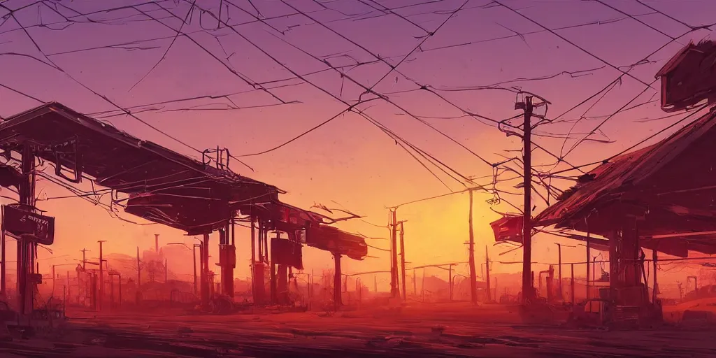 Prompt: train station roadside old west saloon cyber punk post apocalyptic neon telephone poles billboards cactus graveyard sunset sky clouds illustration by syd mead artstation 4 k 8 k graphic novel concept art matte painting unreal engine ue 5