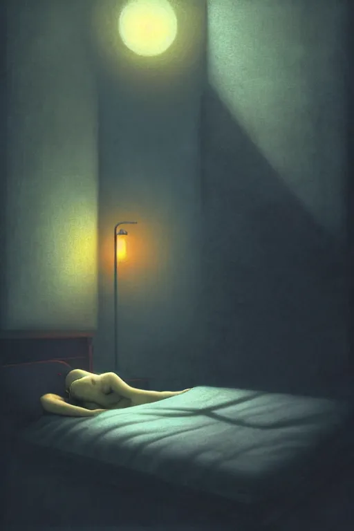 Image similar to portrait of bed pilled novelai user telling qpangfire to go to bed, by makoto shinkai, by akihiko yoshida, by zdzislaw beksinski, by dariusz zawadzki, artbook, tone mapped, deep blues, shiny, soft lighting