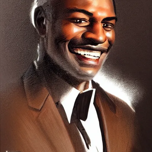 Prompt: portrait of a handsome, dark skinned man smiling brightly, in his 5 0 s with salt and pepper hair and sharp cheekbones, dressed in expensive clothes, detailed face, smooth, sharp focus, graphic novel, art by artgerm and greg rutkowski and pepe larraz,