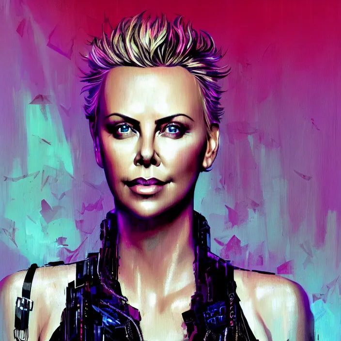 Image similar to portrait of charlize theron as a punk rock girl. intricate abstract. intricate artwork. by tooth wu, wlop, beeple, dan mumford. octane render, trending on artstation, greg rutkowski very coherent symmetrical artwork. cinematic, hyper realism, high detail, octane render, 8 k, iridescent accents