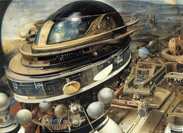 Image similar to an intricately detailed space station colony Hieronymus Bosch and Syd Mead