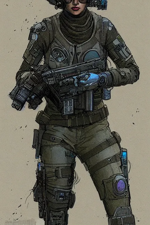Prompt: adaego the ghost. blackops mercenary in near future tactical gear and cyberpunk headset. Blade Runner 2049. concept art by James Gurney and Mœbius.