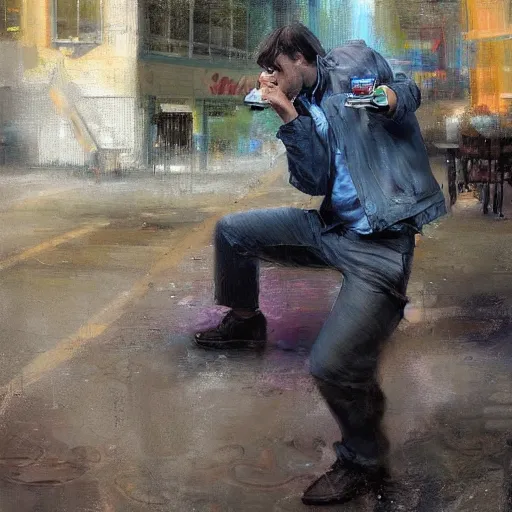 Prompt: a realistic hyperdetailed multi - colored digital oil full body portrait painting of a man playing on a playstation 5 outside at a restaurant, beer in hand, in the style of guy denning, ruan jia, and craig mullins. trending on artstation and deviantart. cgsociety digital art.