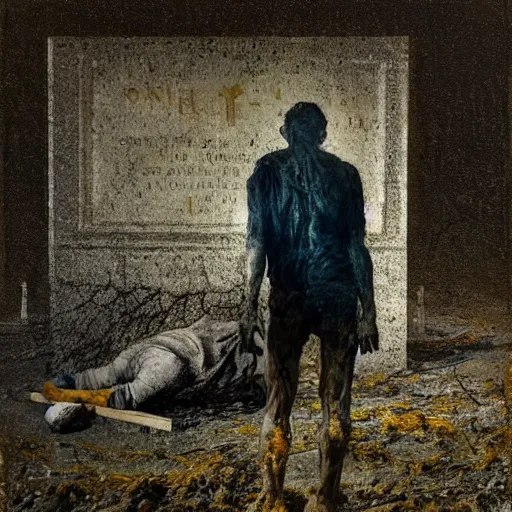 Prompt: one man in a cemetery digging up a dead body, by nicola samori, painting, 8 k, high detail, medium blue, orange, and dark green tones, high quality, sad feeling, high detail, dark colors, sinister atmosphere, dramatic lighting, cinematic, establishing shot, extremely high detail, photo realistic, cinematic lighting