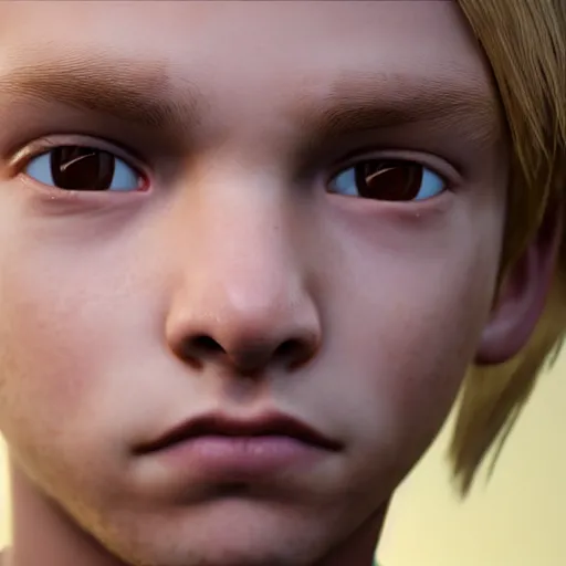 Image similar to detailed face of boy with blonde hair and brown eyes, unreal engine 5 rendered, incredibly highly detailed and realistic, 8 k, sharp focus, studio quality