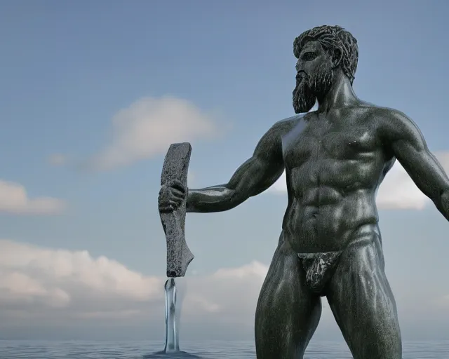 Image similar to a giant abstract sculpture of a legendary greek warrior god on the water, in the style of antony gormley, award winning, cinematic, hyper - realistic, very detailed, realistic water splashes, ray tracing, 8 k resolution, long - shot, sharp focus, low angle, 8 5 mm photograph, wide lens