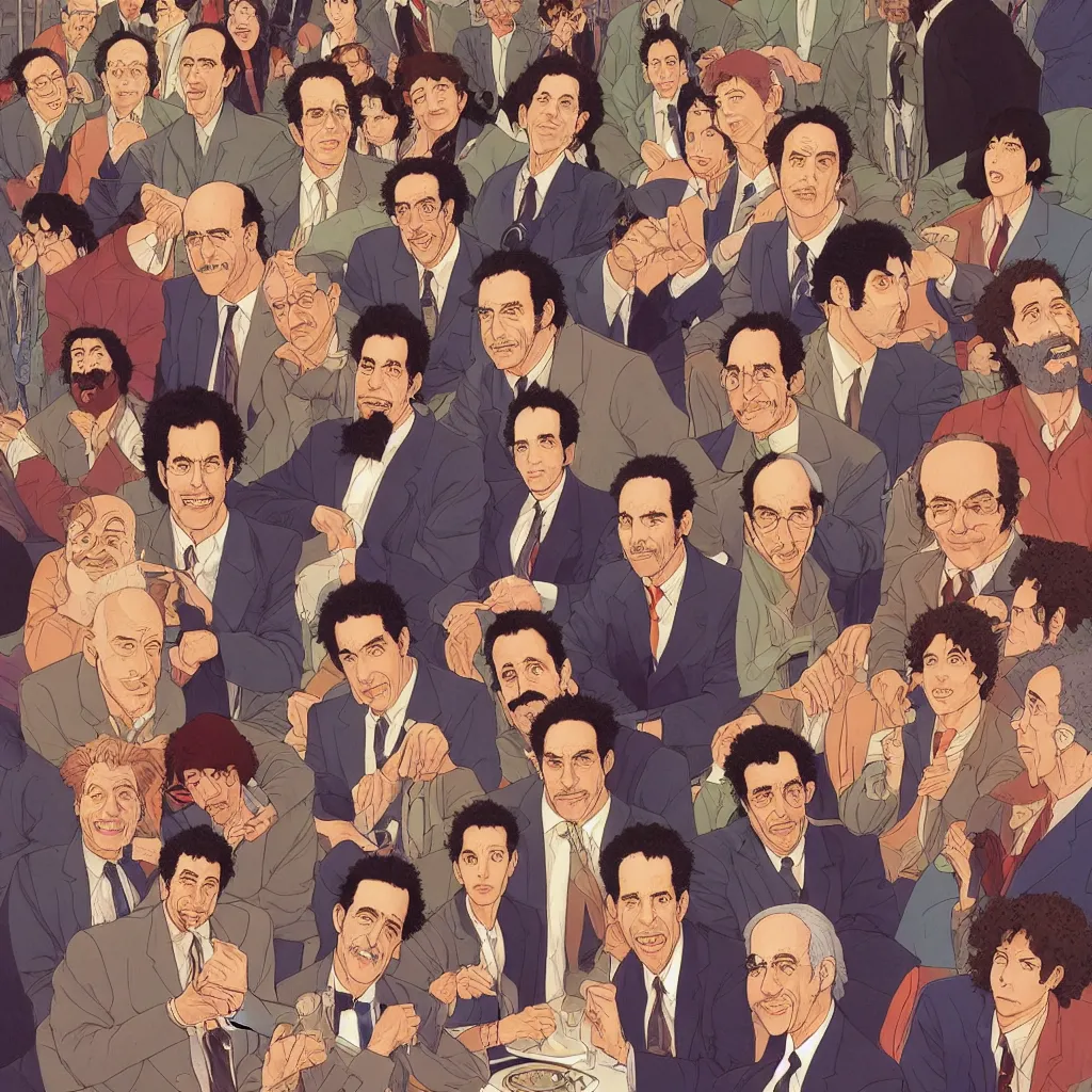 Image similar to highly detailed illustration of all the known species of seinfeld cast, jewish, yiddish, kosher and gentile by juan gatti, by makoto shinkai, by moebius!, by oliver vernon