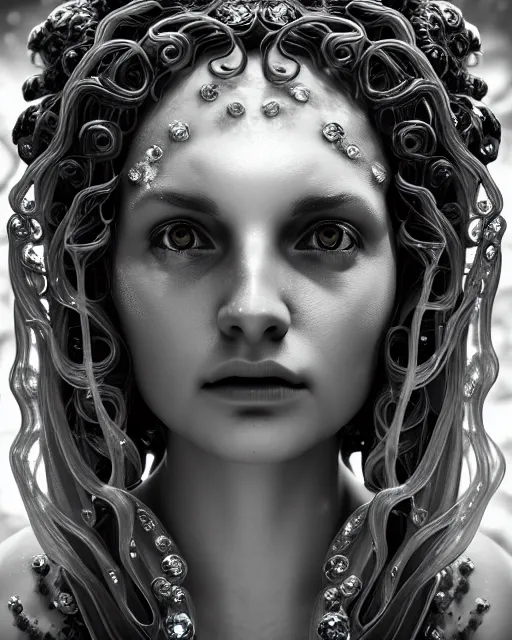 Image similar to mythical dreamy underwater black and white profile face portrait of translucent beautiful female angelic - medusa - vegetal, highly detailed, intricate crystal ivy jelly ornate, poetic, translucent algae ornate, digital art, octane render, 8 k artistic photography, photo - realistic, hg giger