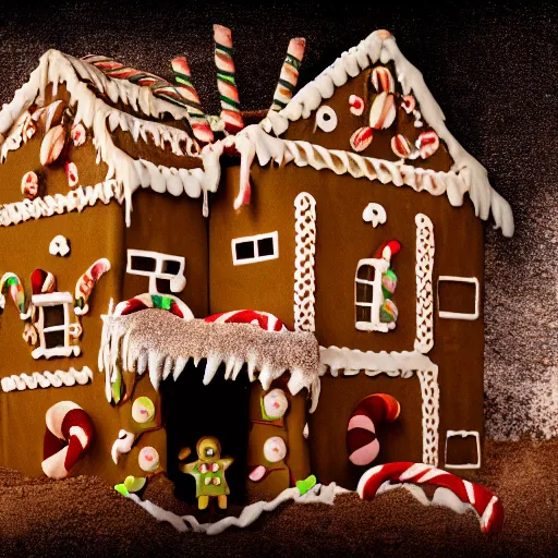 Prompt: cinematic photo of the creatures living inside of a haunted gingerbread house