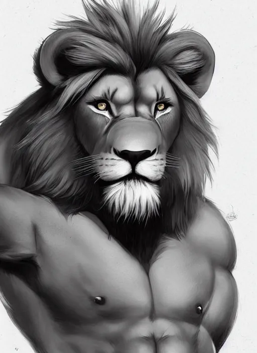 Image similar to award winning beautiful portrait commission art of a muscular male furry anthro lion fursona with a cute beautiful attractive detailed furry face wearing gym shorts and a tanktop. Character design by charlie bowater, ross tran, artgerm, and makoto shinkai, detailed, inked, western comic book art