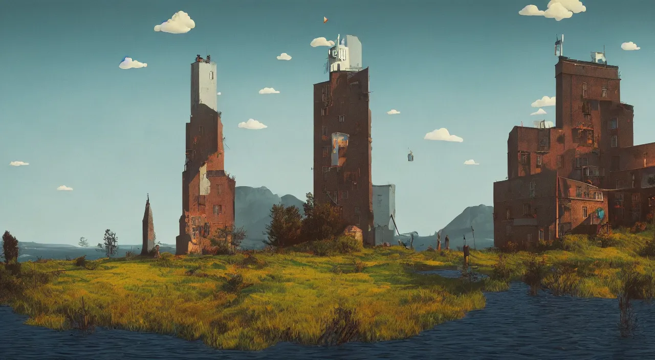 Prompt: strange flooded tower, a high contrast!! ultradetailed photorealistic painting by magritte stalenhag spitzweg and burns, dark shadows, sunny day, full - length view, vibrant colors, perfect composition and lighting, award winning masterpiece, trending on artstation, 4 k octane render