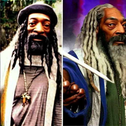 Image similar to Gandalf smoking marijuana with Snoop Dog