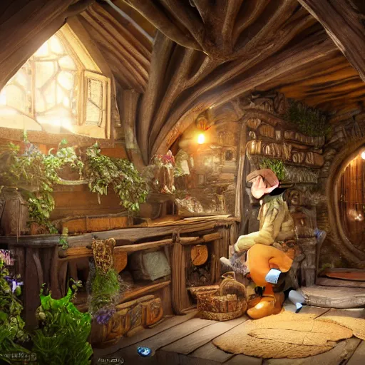 Image similar to bilbo baggins inside a medieval hobbit house, ornate, beautiful, atmosphere, vibe, flowers, concept art illustration, color page, 4 k, tone mapping, doll, akihiko yoshida, james jean, andrei riabovitchev, marc simonetti, yoshitaka amano, digital illustration, greg rutowski, volumetric lighting, sunbeams, particles