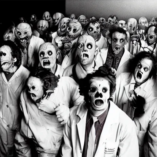 Image similar to a creepy filmic 30mm filmic wide shot ground level angle movie still color film photograph of a crowd of terrified doctors wearing lab coats trying to escape from a dangerous shape shifting alien creature with multiple mutated snarling drooling human faces and a grotesque variety of human & animal arms, legs & body parts in the style of a live action 1980s horror film, The Thing 1982